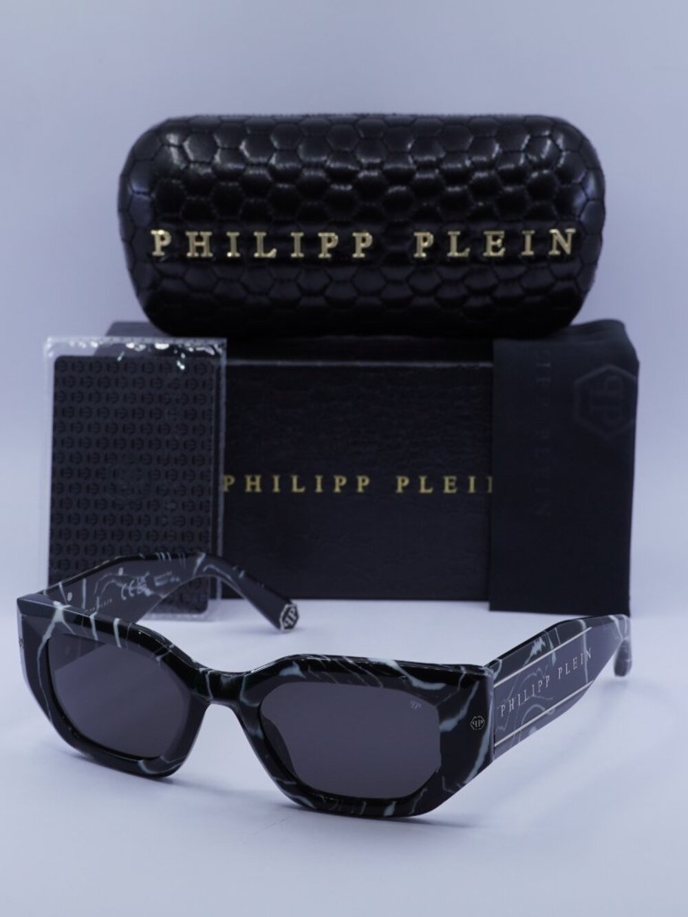Philipp Plein SPP066M 0Z21 Geometric Sunglasses – Marbled Black / Grey